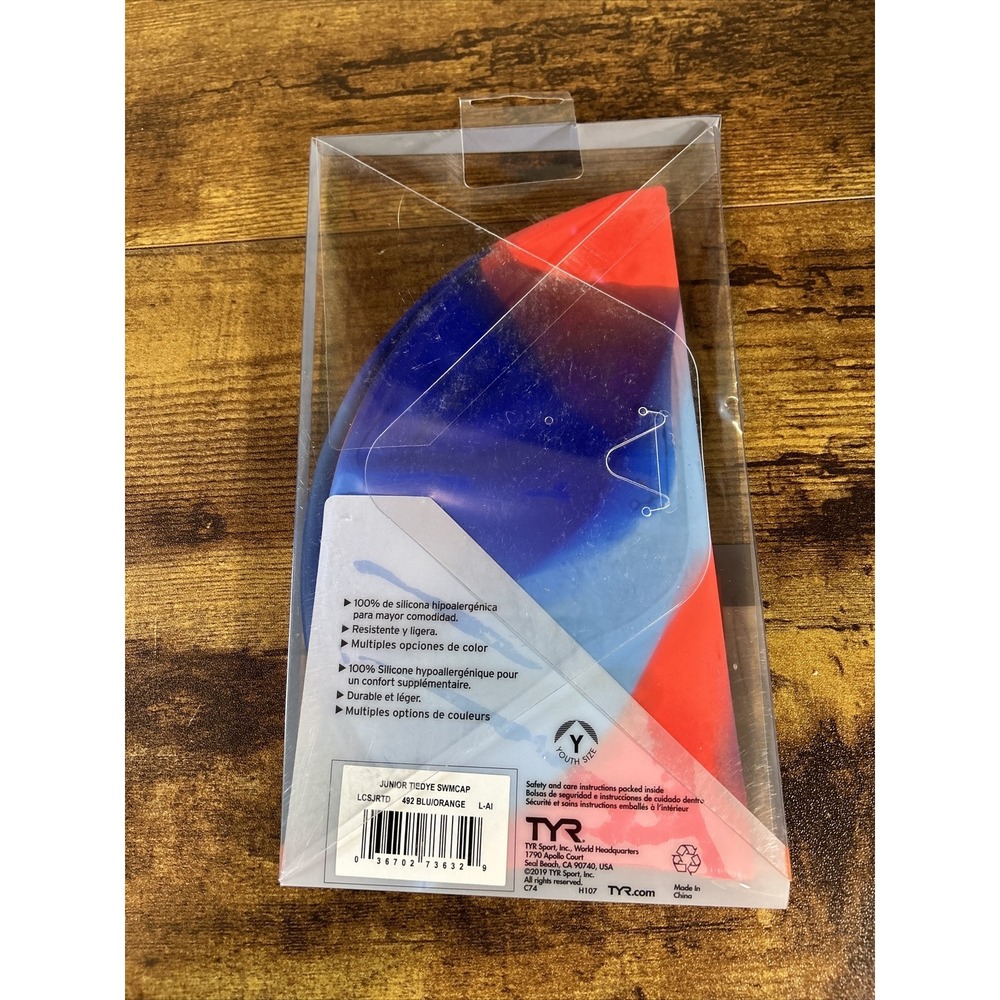 TYR Junior Silicone Swim Cap Multi-Color Tie-Dye Graphic Age 10+ Blue Orange New - Picture 2 of 2
